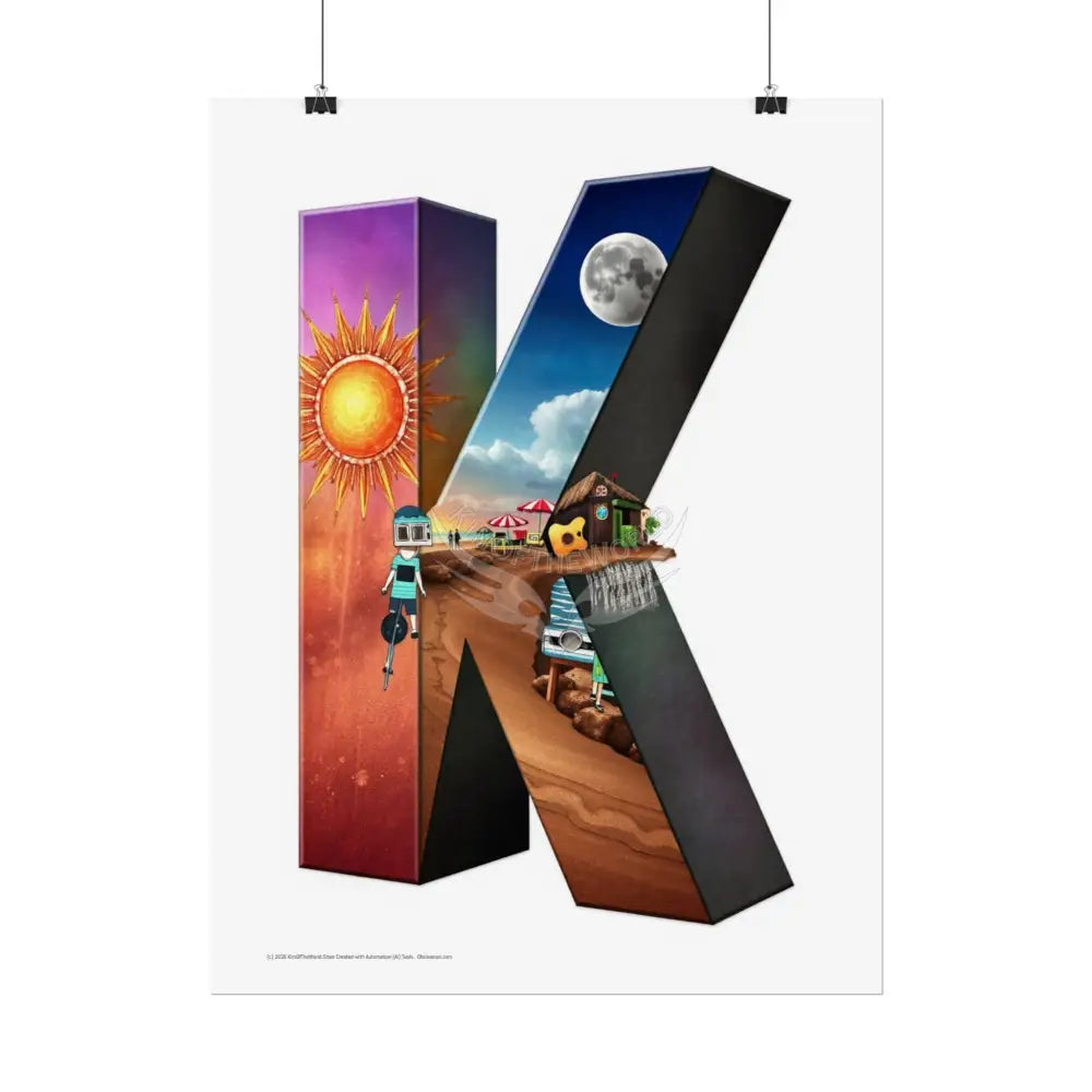 3D Block ’K’ Letter Initial Poster — Personalized Rolled Poster for Kids’ Rooms Classrooms & Homeschool Poster