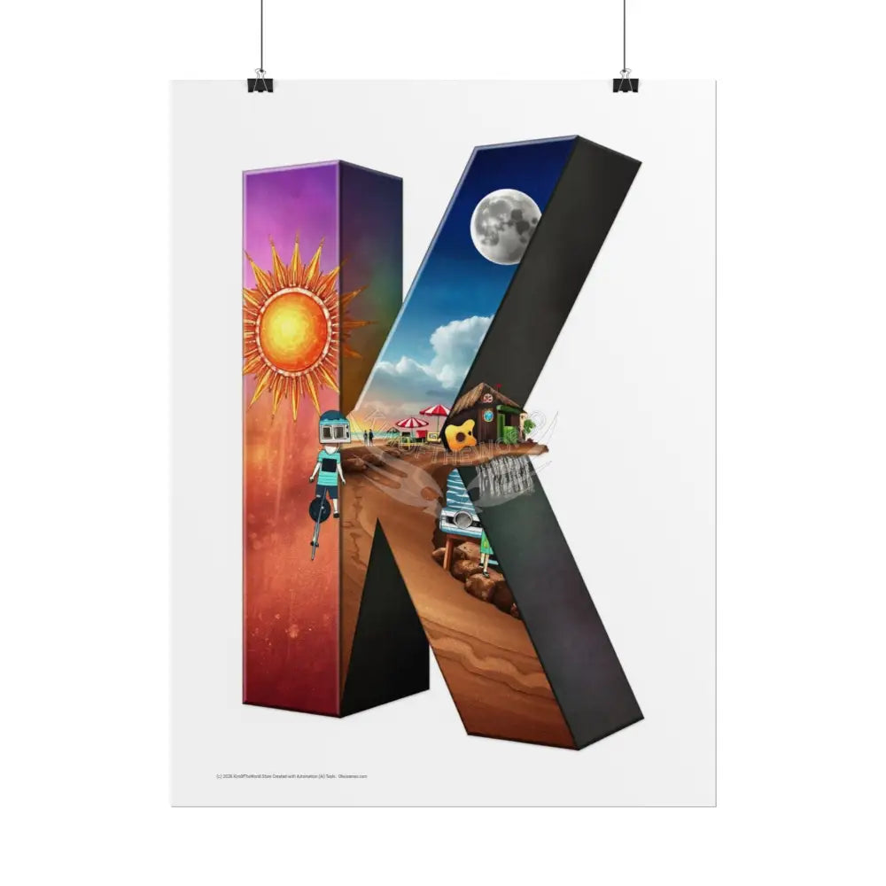 3D Block ’K’ Letter Initial Poster — Personalized Rolled Poster for Kids’ Rooms Classrooms & Homeschool Poster
