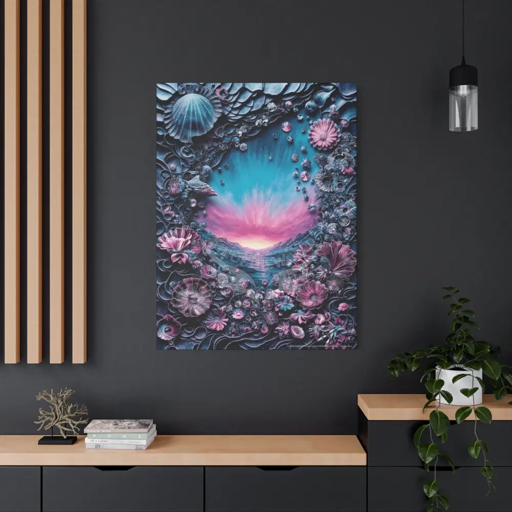 3D Blue Deep Water Shells & Florals Canvas — Matte Stretched Wall Art Canvas