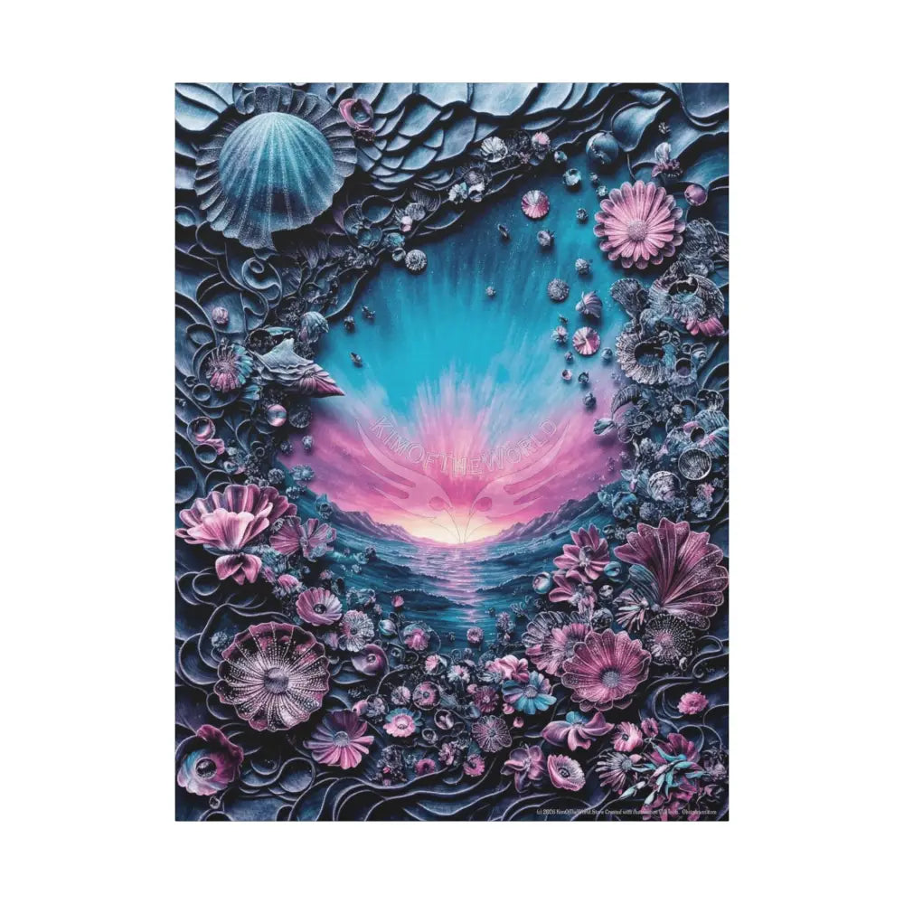3D Blue Deep Water Shells & Florals Canvas — Matte Stretched Wall Art 36’’ x 48’’ (Vertical) / 1.25’’ Canvas