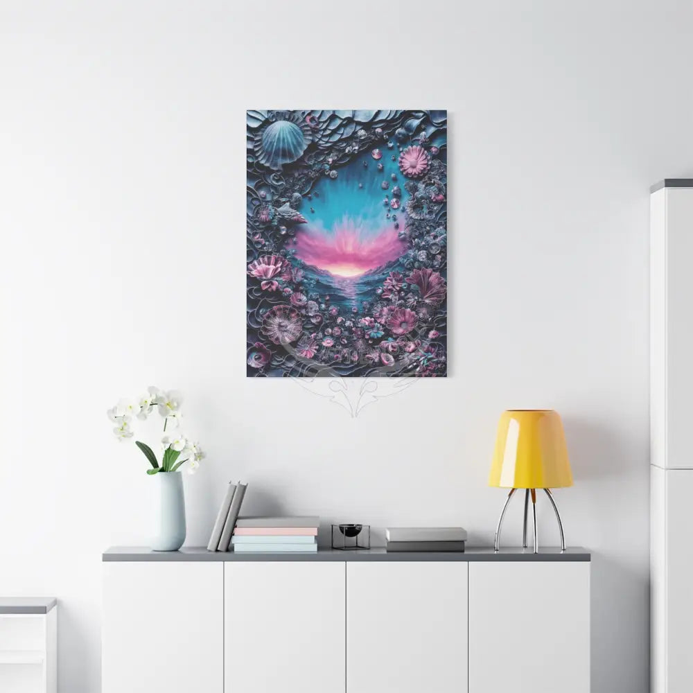 3D Blue Deep Water Shells & Florals Canvas — Matte Stretched Wall Art Canvas