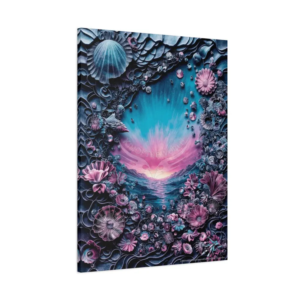 3D Blue Deep Water Shells & Florals Canvas — Matte Stretched Wall Art Canvas