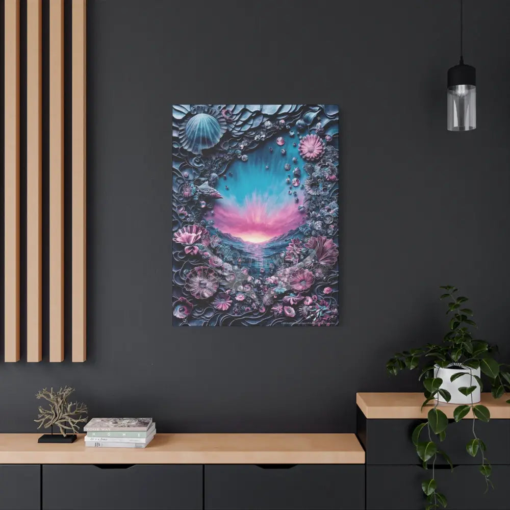 3D Blue Deep Water Shells & Florals Canvas — Matte Stretched Wall Art Canvas