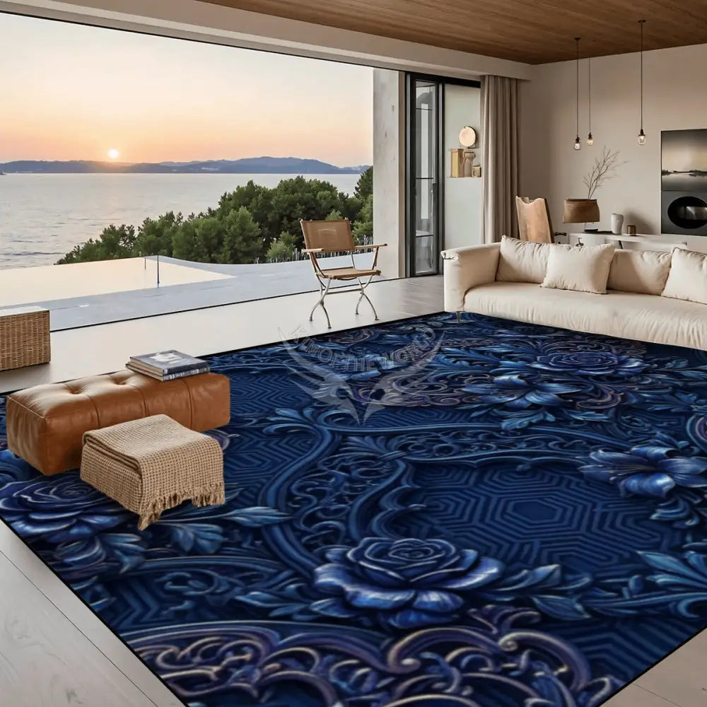 3D Blue Floral Fleur Large Area Rug Floor Carpet (5:4) 120’’x96’’ Rugs & Mats