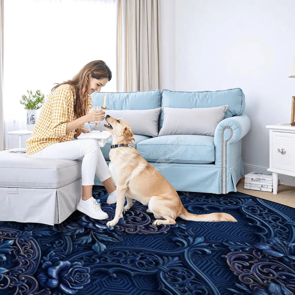 3D Blue Floral Fleur Large Area Rug Floor Carpet (5:4) 120’’x96’’ Rugs & Mats