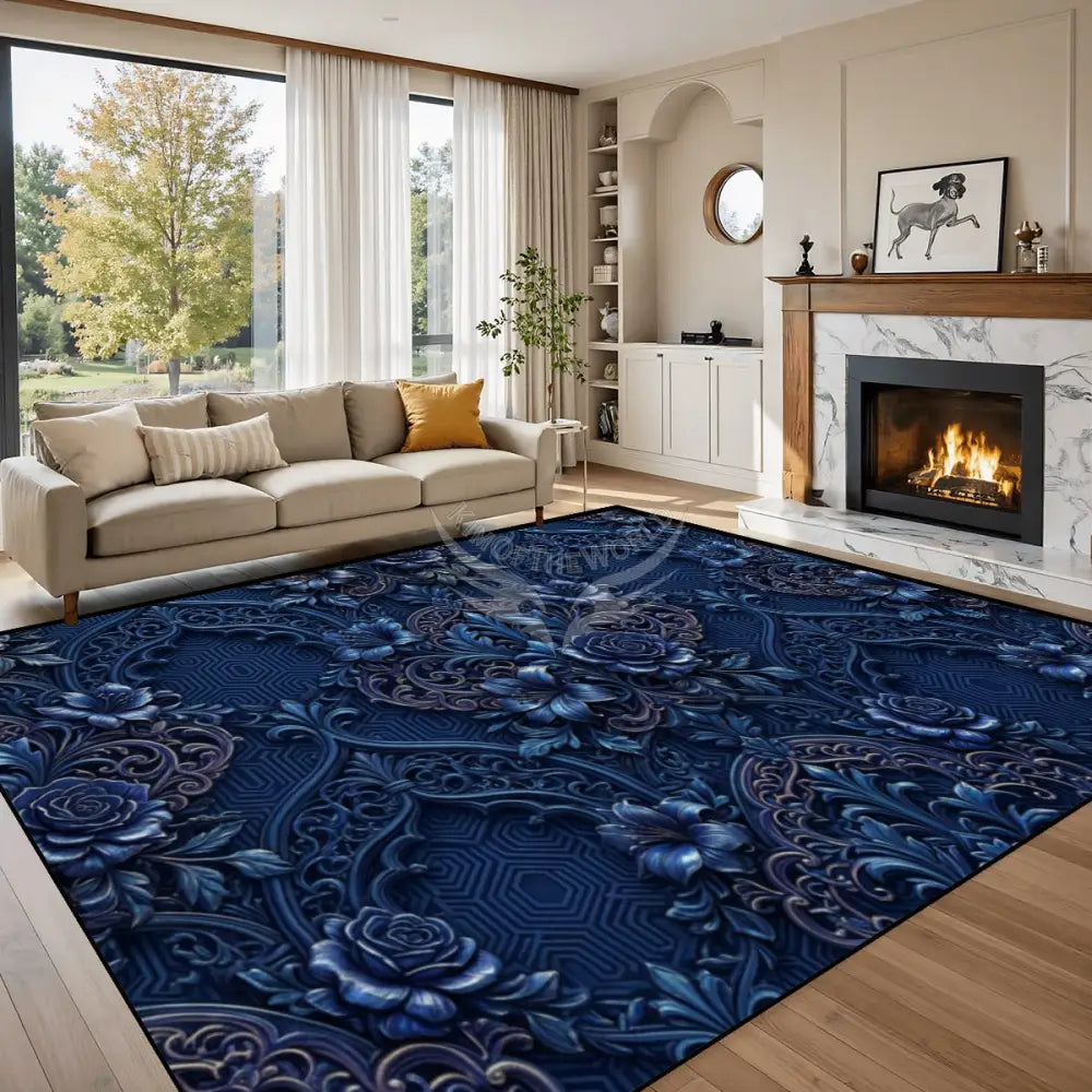 3D Blue Floral Fleur Large Area Rug Floor Carpet (5:4) 120’’x96’’ Rugs & Mats