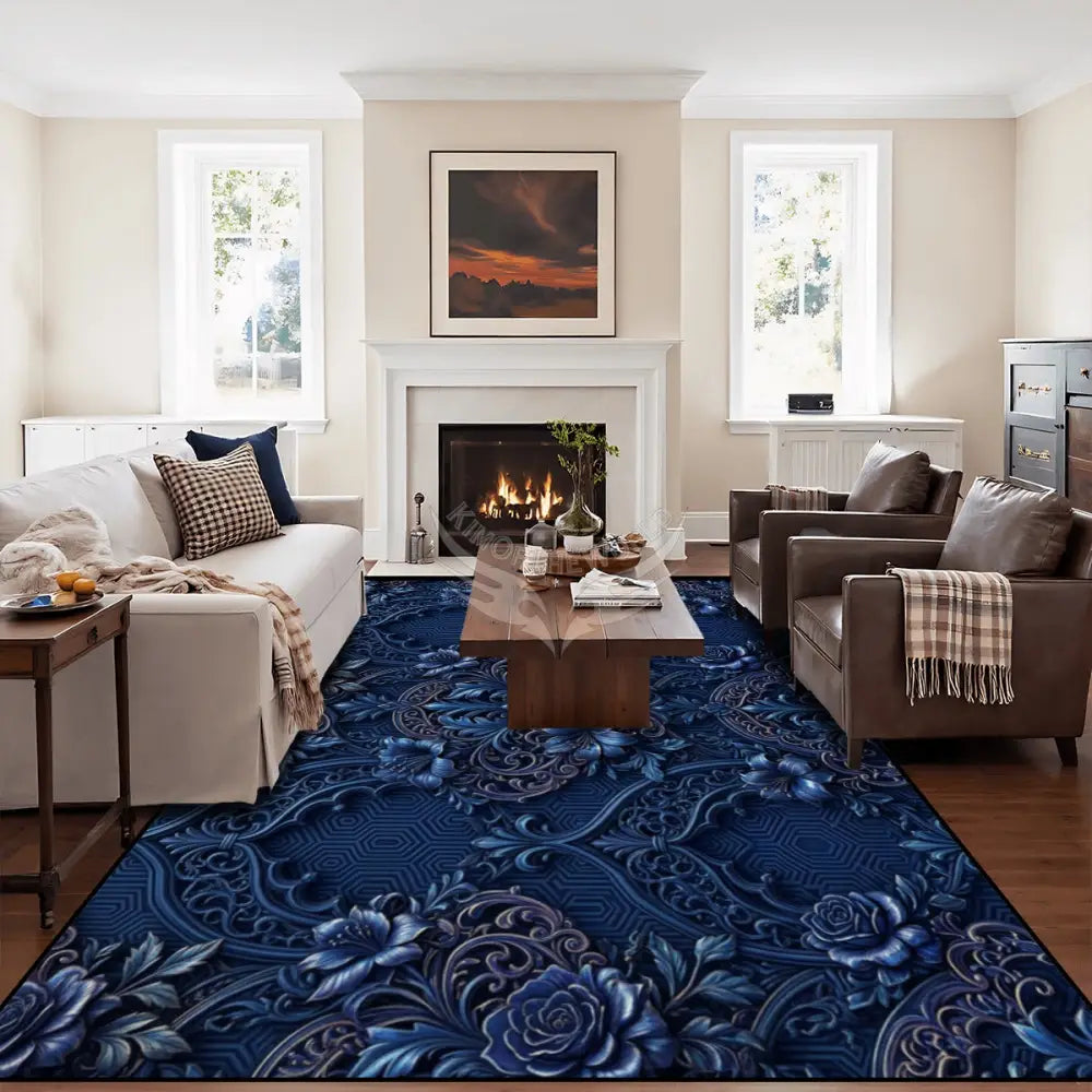 3D Blue Floral Fleur Large Area Rug Floor Carpet (5:4) 120’’x96’’ Rugs & Mats