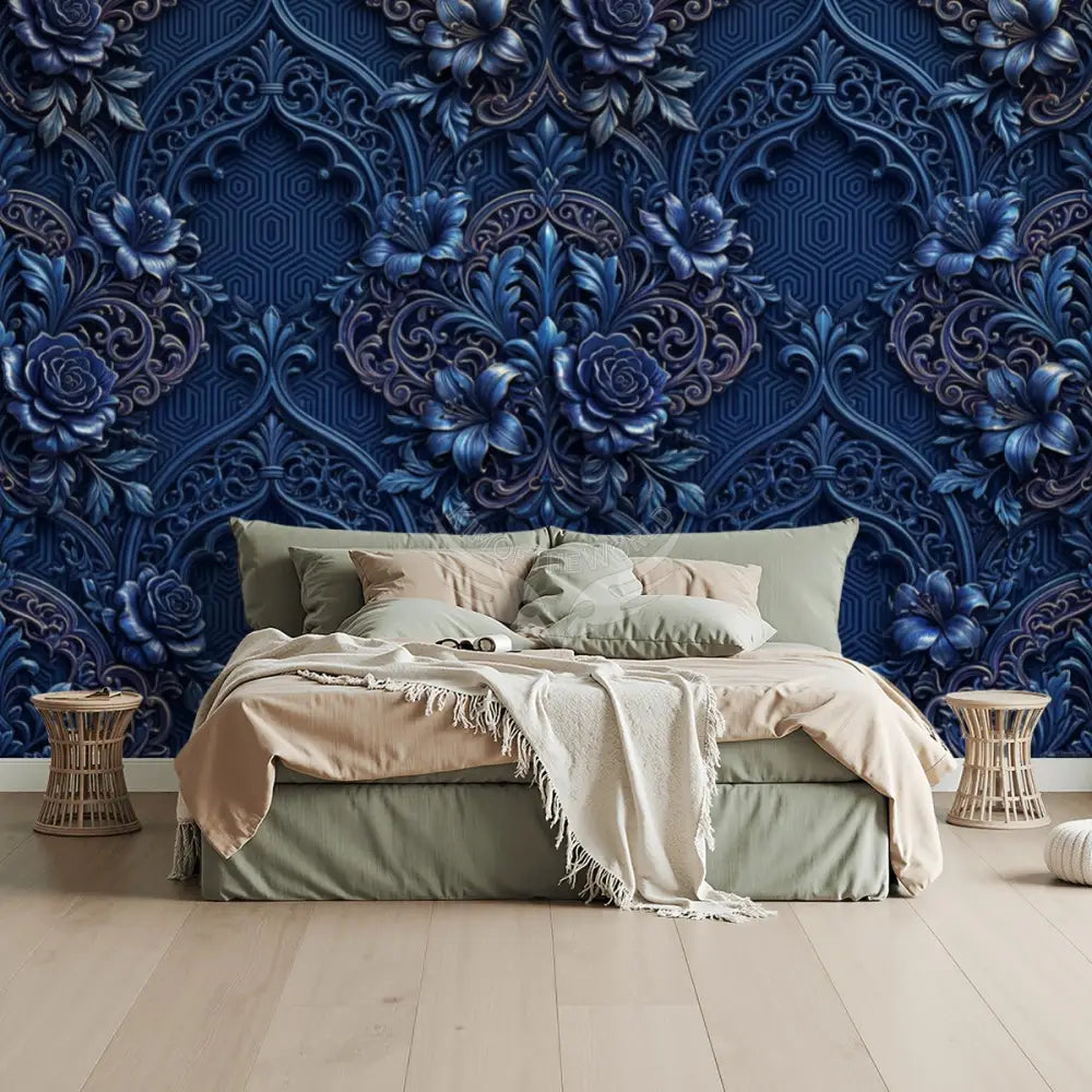 3D Blue Floral Unpasted Mural Wallpaper 144’’x100’’ 144’’x100’’ Wall Coverings