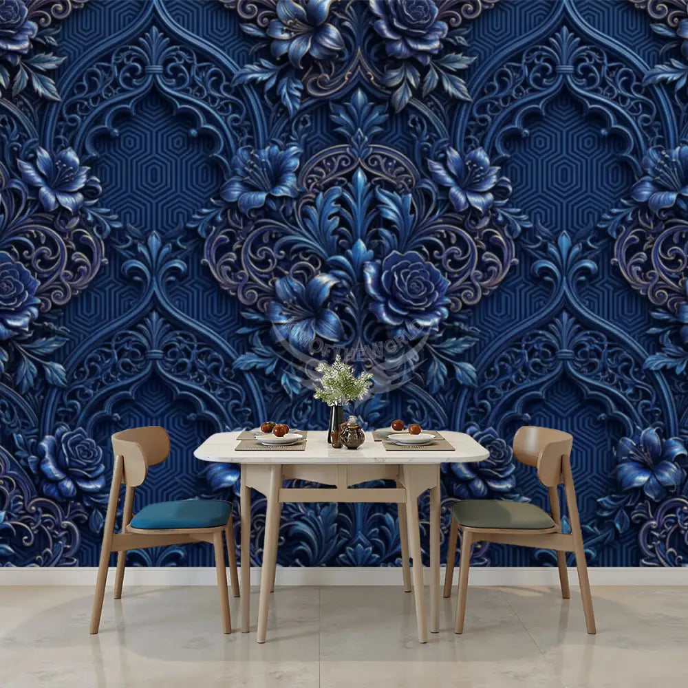 3D Blue Floral Unpasted Mural Wallpaper 144’’x100’’ 144’’x100’’ Wall Coverings