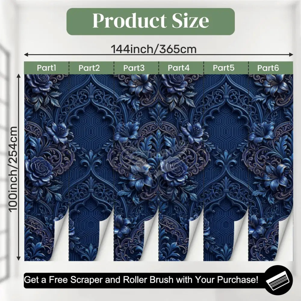 3D Blue Floral Unpasted Mural Wallpaper 144’’x100’’ 144’’x100’’ Wall Coverings