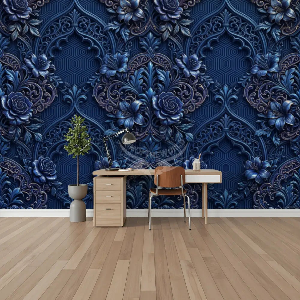 3D Blue Floral Unpasted Mural Wallpaper 144’’x100’’ 144’’x100’’ Wall Coverings
