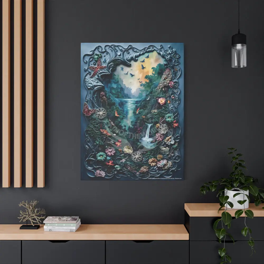 3D Blue Floral Waterfall Canvas — Matte Stretched Wall Art Canvas