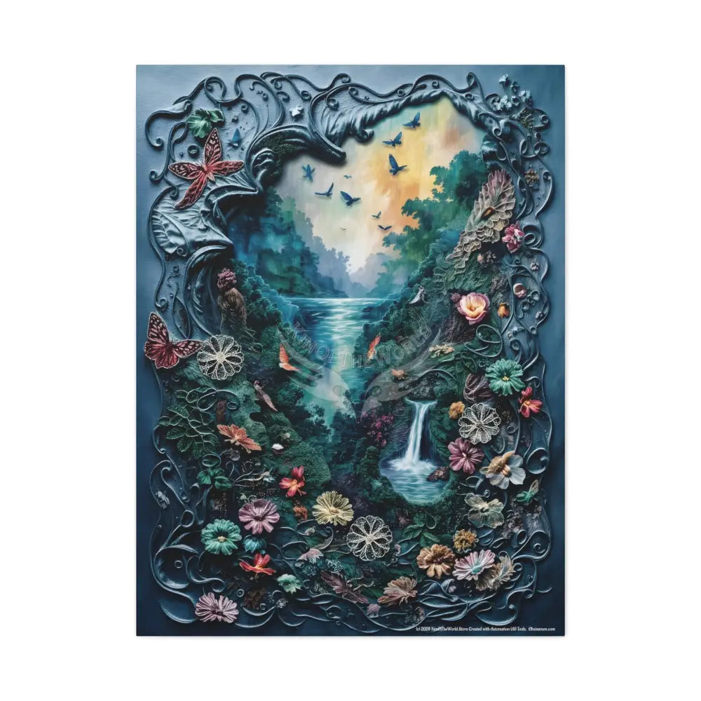 3D Blue Floral Waterfall Canvas — Matte Stretched Wall Art 30’’ x 40’’ (Vertical) / 1.25’’ Canvas