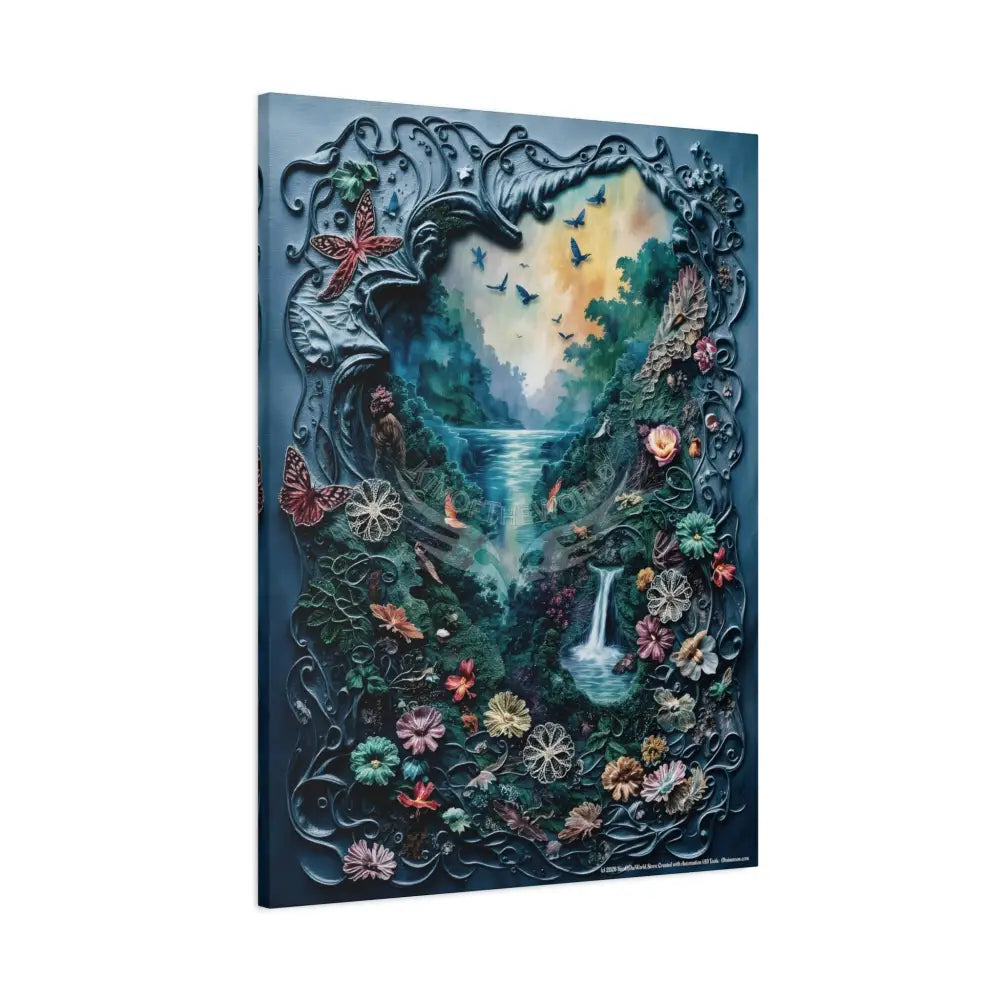 3D Blue Floral Waterfall Canvas — Matte Stretched Wall Art Canvas