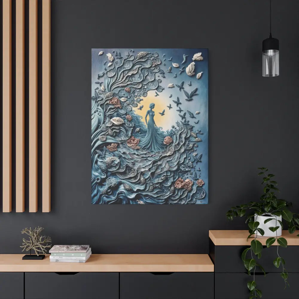 3D Blue Floral Waterfall Canvas — Matte Stretched Wall Art Canvas