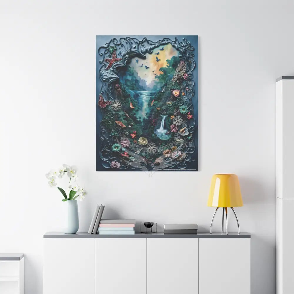 3D Blue Floral Waterfall Canvas — Matte Stretched Wall Art Canvas