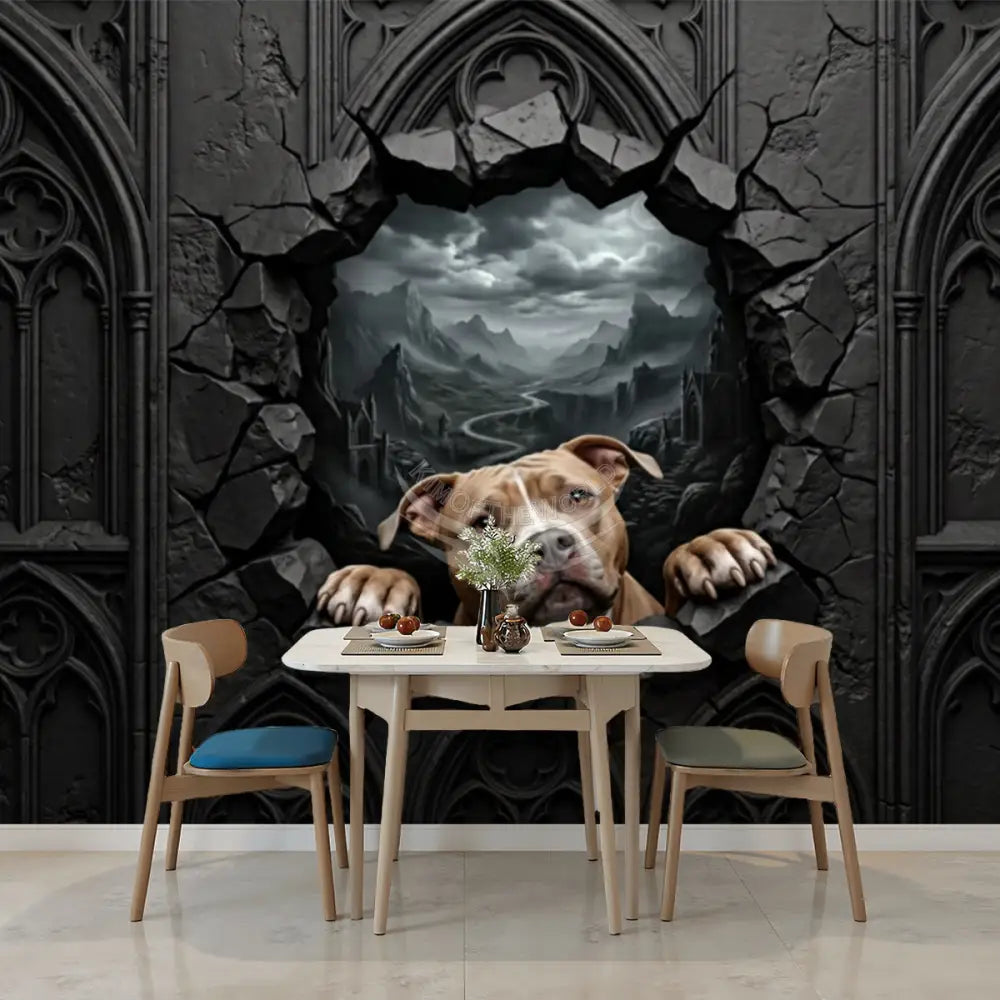 3D Breakout Window Wall Pit Bull Dog Unpasted Mural Wallpaper 144’’x100’’ - 144’’x100’’ - Wall Coverings