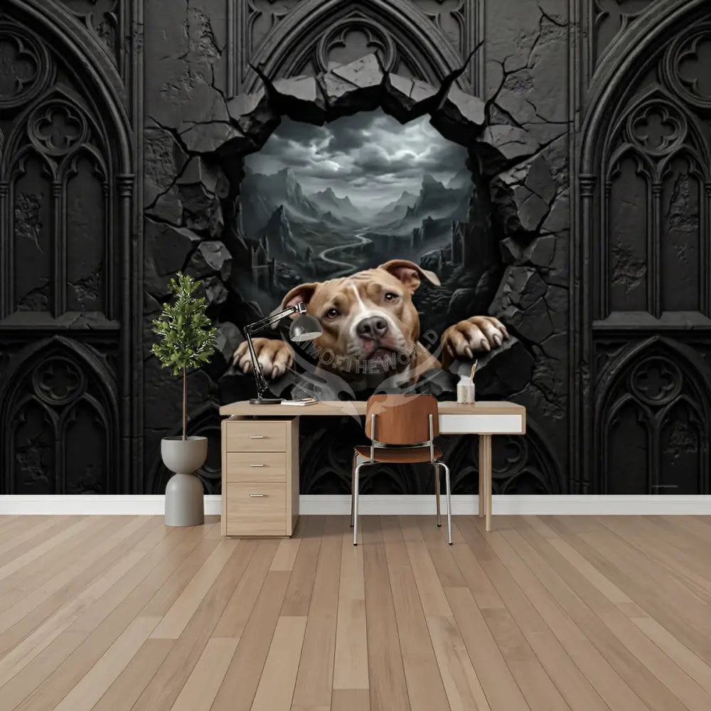 3D Breakout Window Wall Pit Bull Dog Unpasted Mural Wallpaper 144’’x100’’ - 144’’x100’’ - Wall Coverings