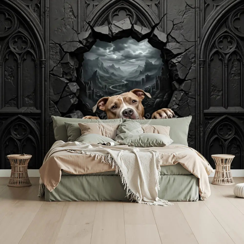 3D Breakout Window Wall Pit Bull Dog Unpasted Mural Wallpaper 144’’x100’’ - 144’’x100’’ - Wall Coverings