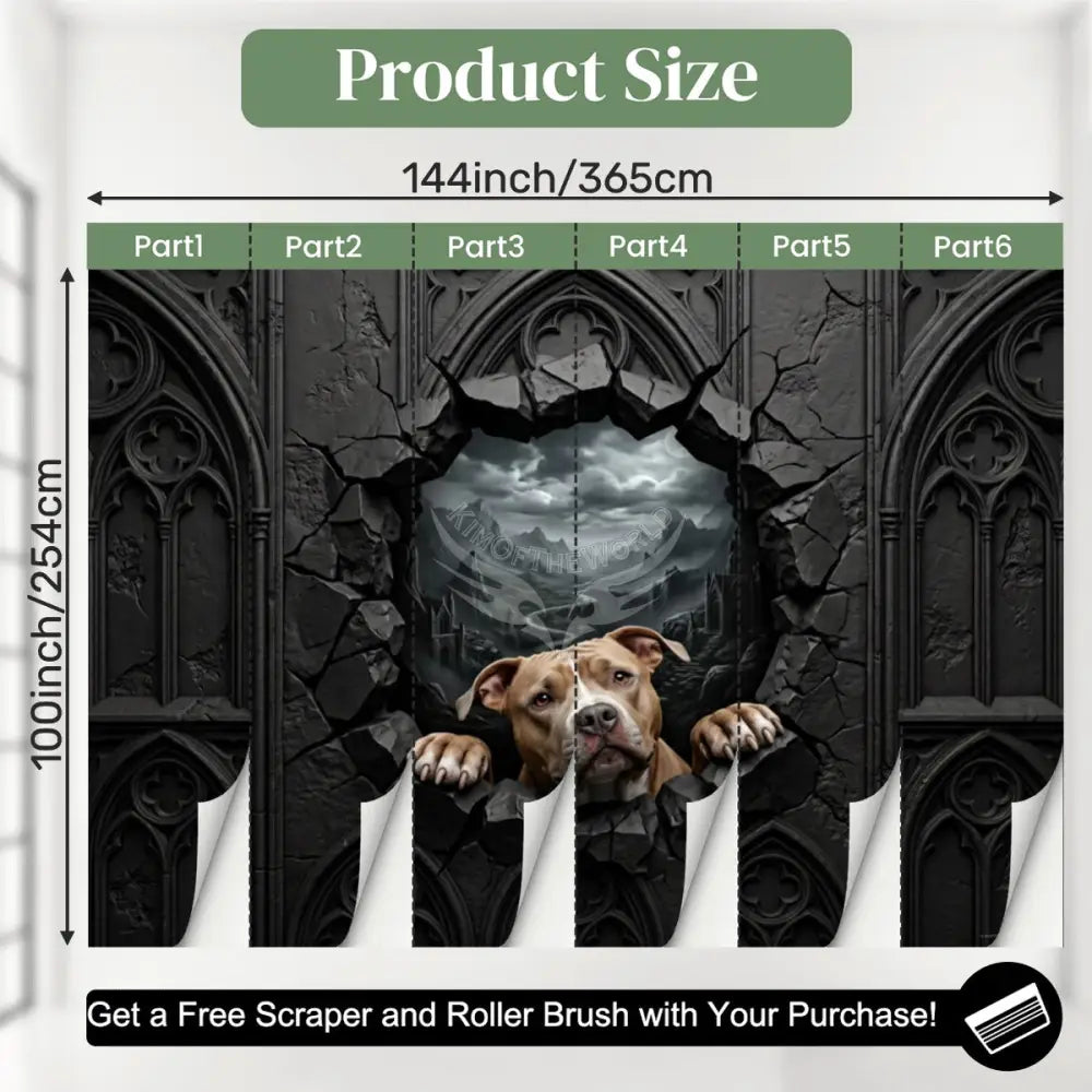 3D Breakout Window Wall Pit Bull Dog Unpasted Mural Wallpaper 144’’x100’’ - 144’’x100’’ - Wall Coverings