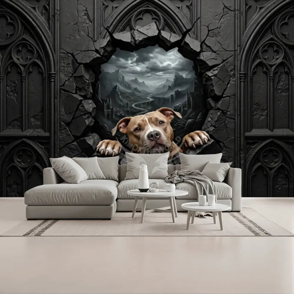 3D Breakout Window Wall Pit Bull Dog Unpasted Mural Wallpaper 144’’x100’’ - 144’’x100’’ - Wall Coverings