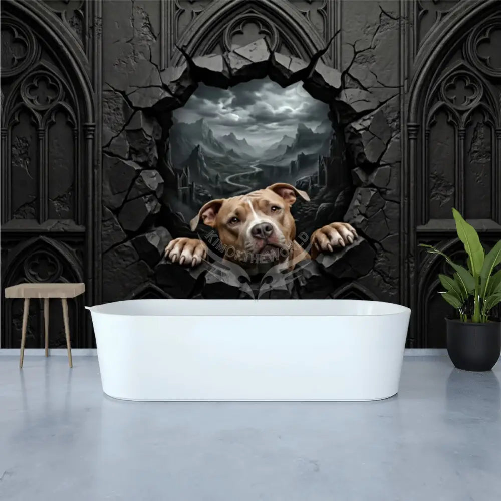 3D Breakout Window Wall Pit Bull Dog Unpasted Mural Wallpaper 144’’x100’’ - 144’’x100’’ - Wall Coverings