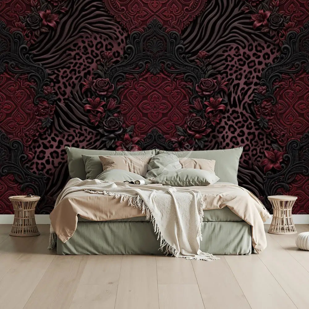 3D Burgundy Animal Print Unpasted Mural Wallpaper 144’’x100’’ 144’’x100’’ Wall Coverings