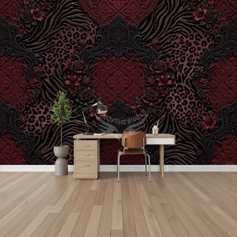 3D Burgundy Animal Print Unpasted Mural Wallpaper 144’’x100’’ 144’’x100’’ Wall Coverings