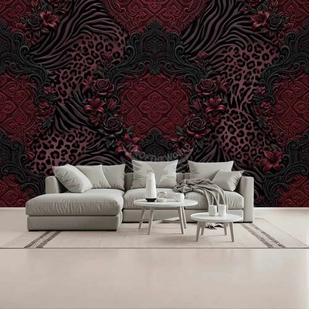 3D Burgundy Animal Print Unpasted Mural Wallpaper 144’’x100’’ 144’’x100’’ Wall Coverings