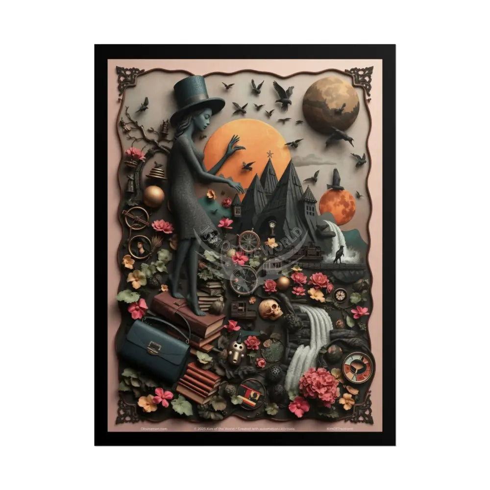 3D Celestial Gothic Mysterious Travel Journal Mashup Floral Art Poster — Surreal Blender Sculpture Print 18″ x 24″