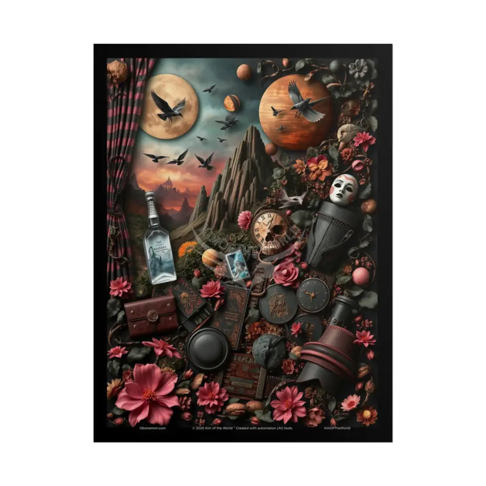 3D Celestial Gothic Mysterious Travel Journal Mashup Floral Art Poster — Surreal Blender Sculpture Print 18″ x 24″