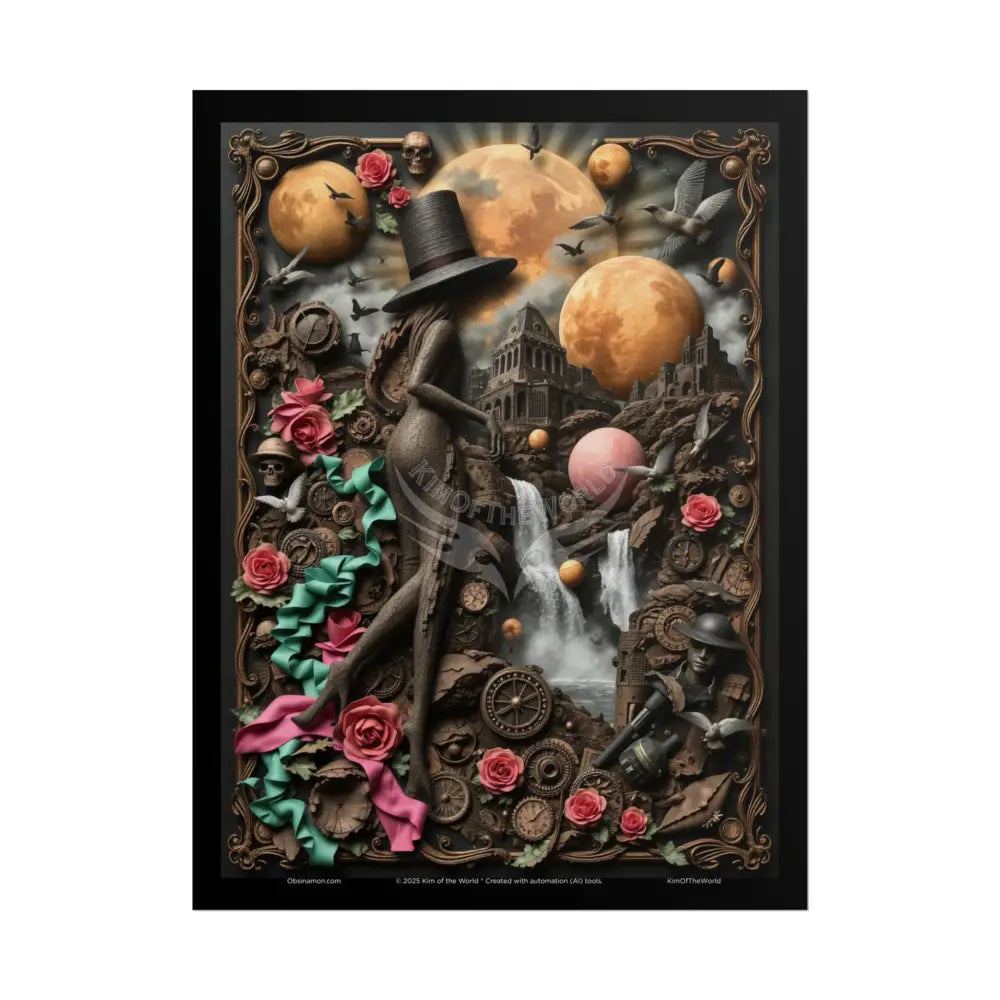 3D Celestial Gothic Mysterious Travel Journal Mashup Floral Art Poster — Surreal Blender Sculpture Print 18″ x 24″