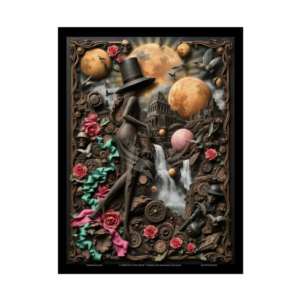 3D Celestial Gothic Mysterious Travel Journal Mashup Floral Art Poster — Surreal Blender Sculpture Print 18″ x 24″