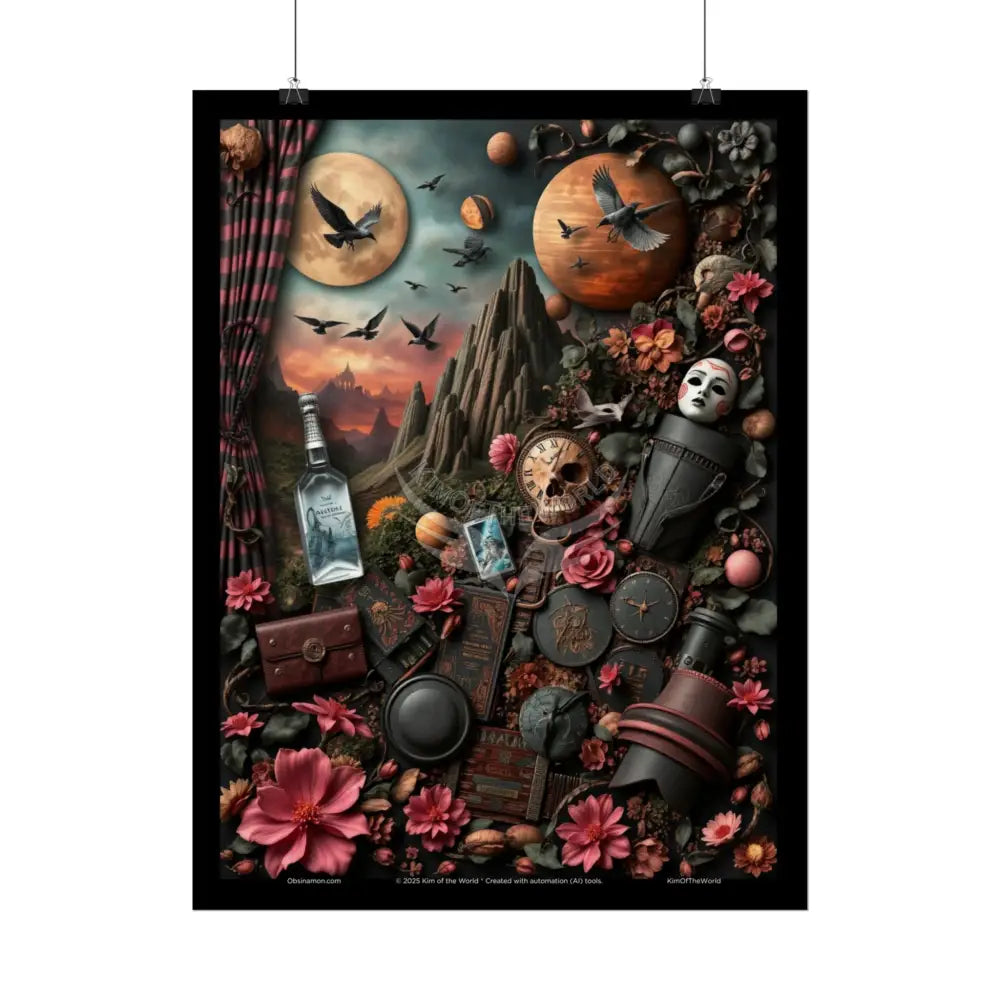 3D Celestial Gothic Mysterious Travel Journal Mashup Floral Art Poster — Surreal Blender Sculpture Print Poster