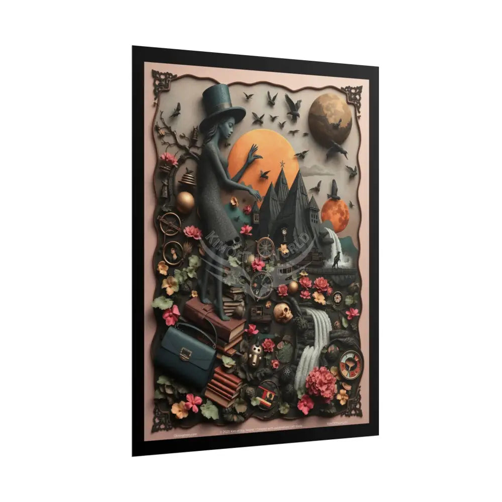 3D Celestial Gothic Mysterious Travel Journal Mashup Floral Art Poster — Surreal Blender Sculpture Print Poster