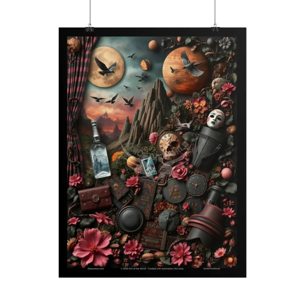 3D Celestial Gothic Mysterious Travel Journal Mashup Floral Art Poster — Surreal Blender Sculpture Print Poster