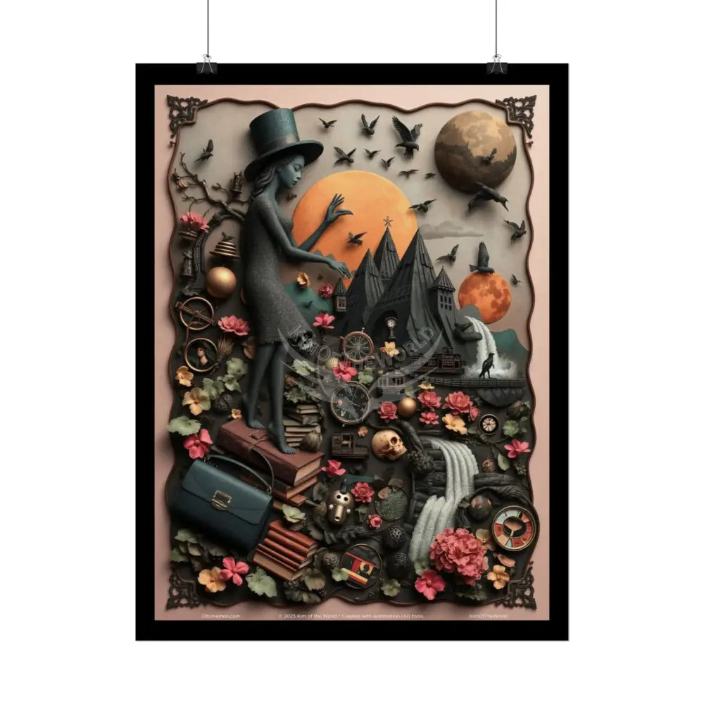 3D Celestial Gothic Mysterious Travel Journal Mashup Floral Art Poster — Surreal Blender Sculpture Print Poster