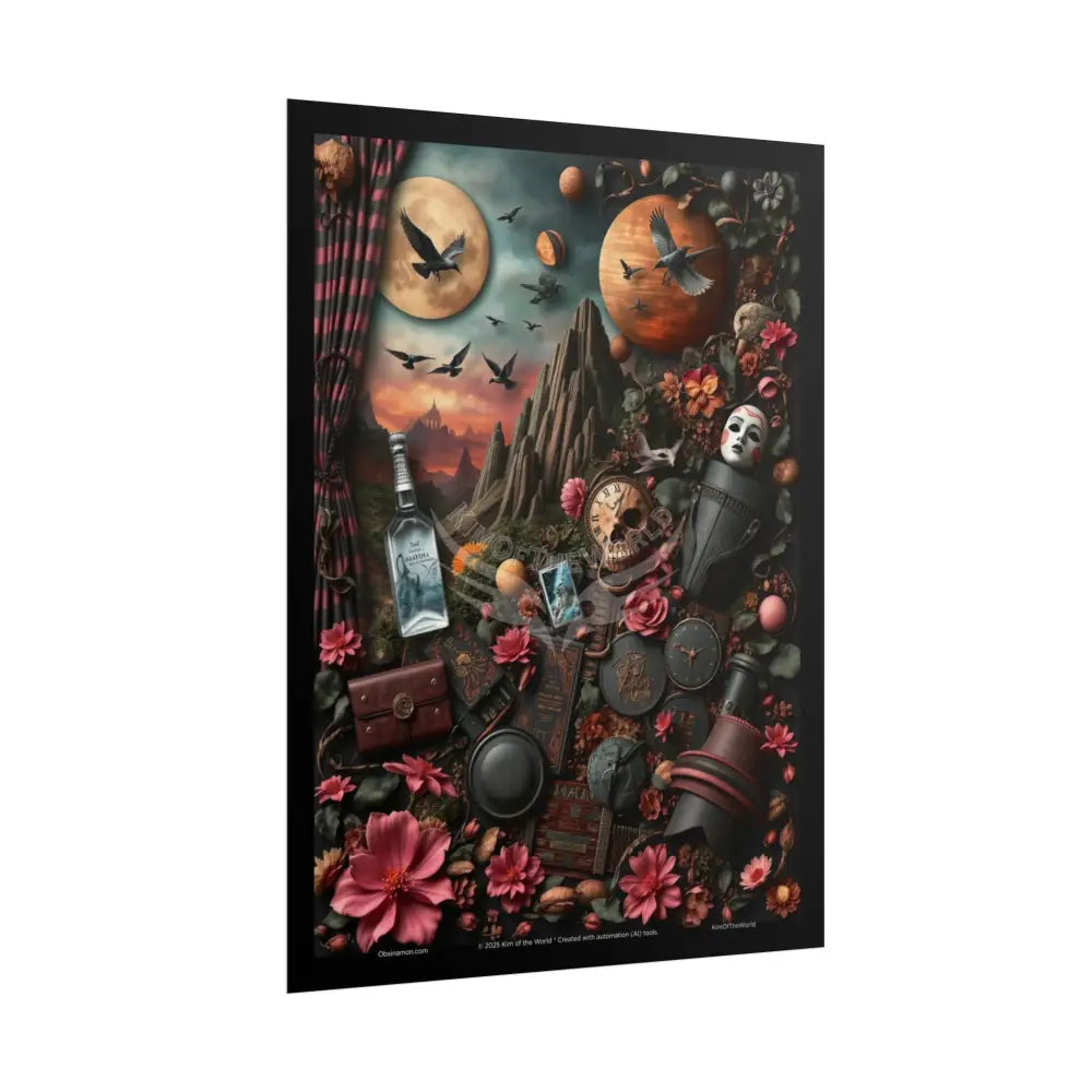 3D Celestial Gothic Mysterious Travel Journal Mashup Floral Art Poster — Surreal Blender Sculpture Print Poster