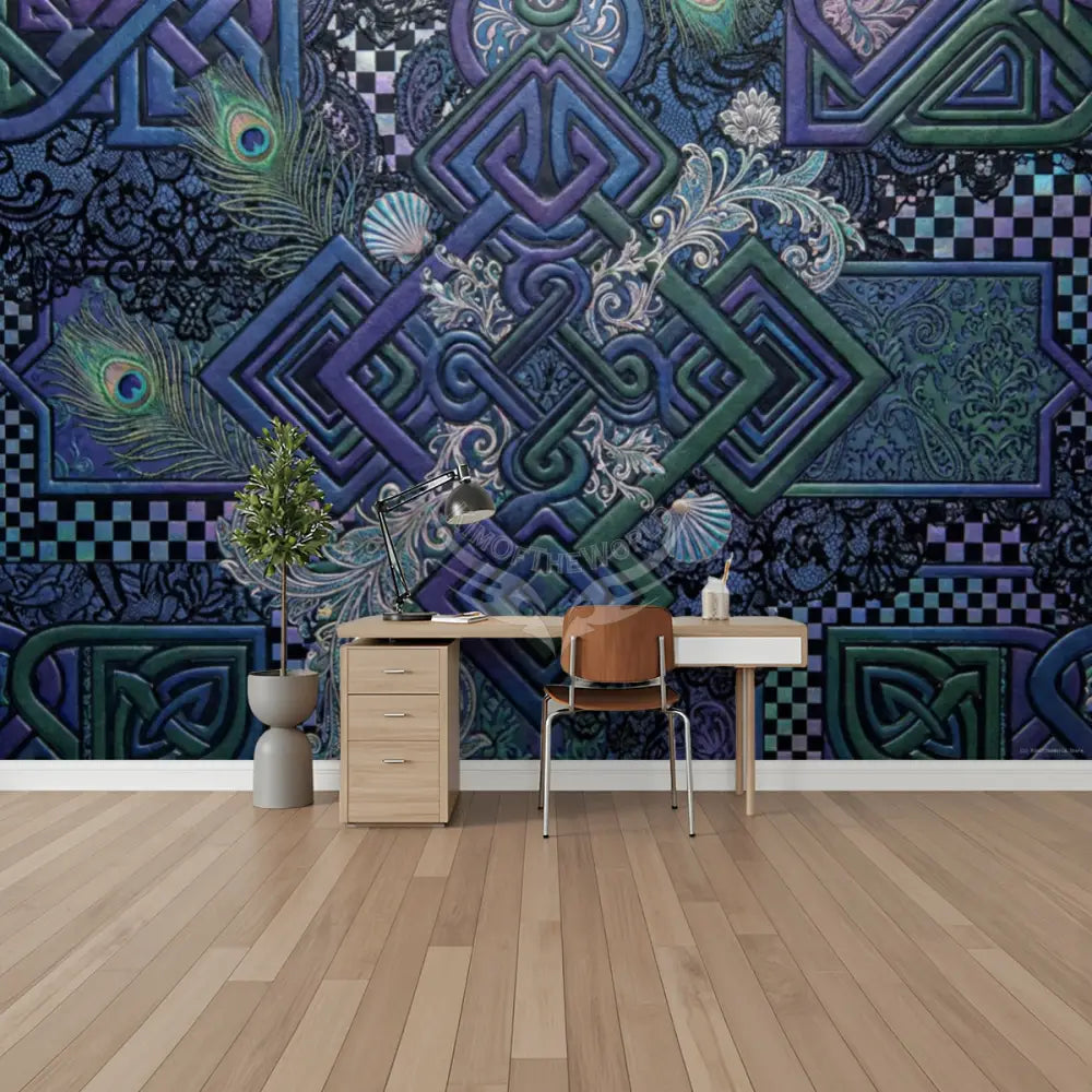 3D Celtic Blue and Green Unpasted Mural Wallpaper 144’’x100’’ 144’’x100’’ Wall Coverings