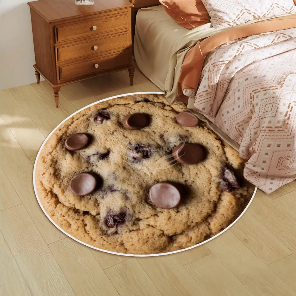 3D Chocolate Chip Cookie Soft Round Area Rug with White Border - Rugs & Mats