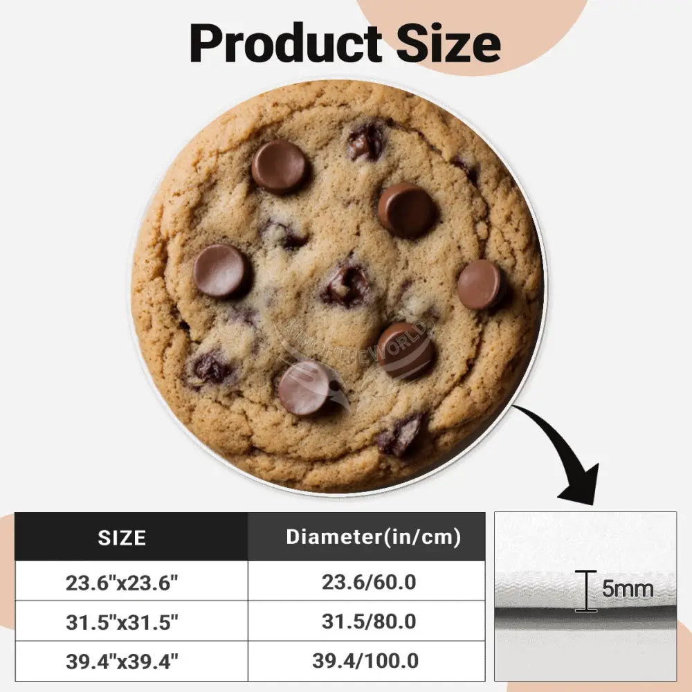 3D Chocolate Chip Cookie Soft Round Area Rug with White Border - Rugs & Mats