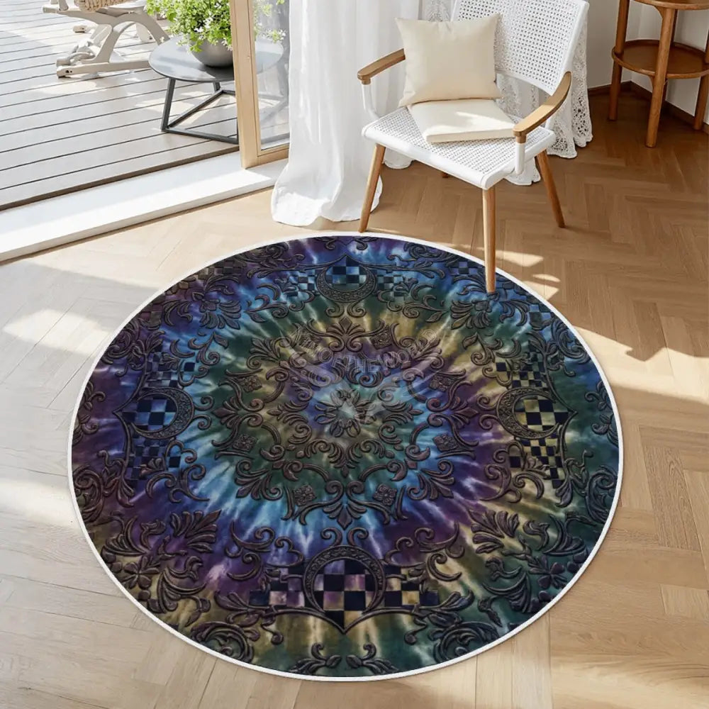 3D Circular Tie Dye Soft Round Area Rug with White Border 39.4’’x39.4’’ Rugs & Mats