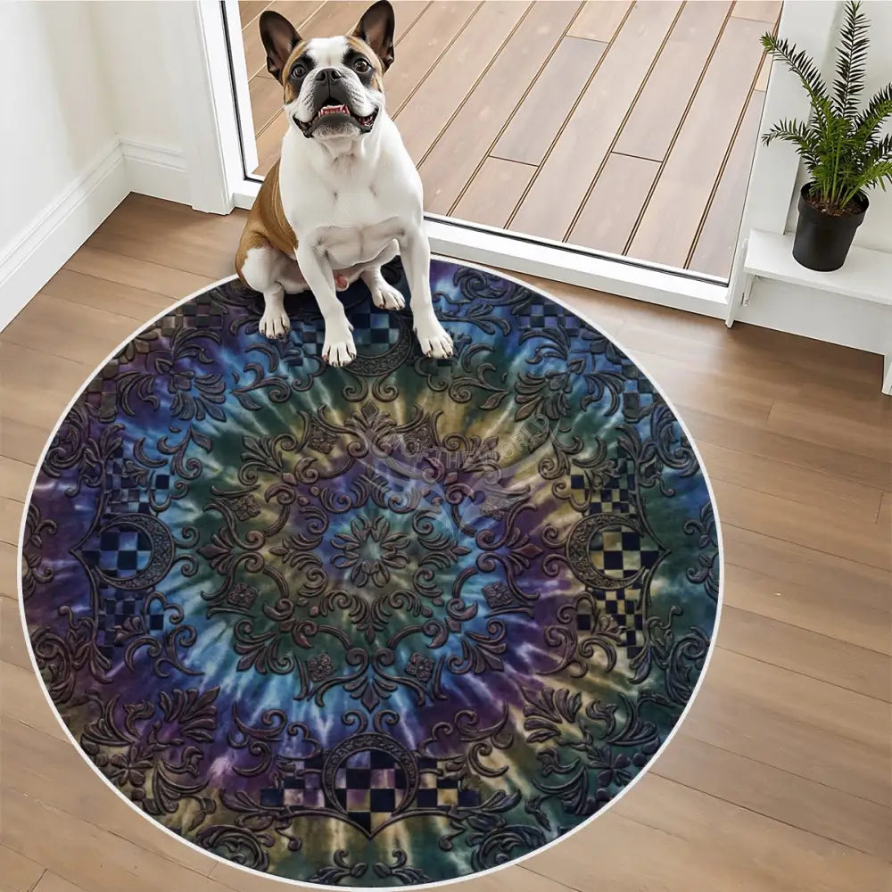 3D Circular Tie Dye Soft Round Area Rug with White Border Rugs & Mats