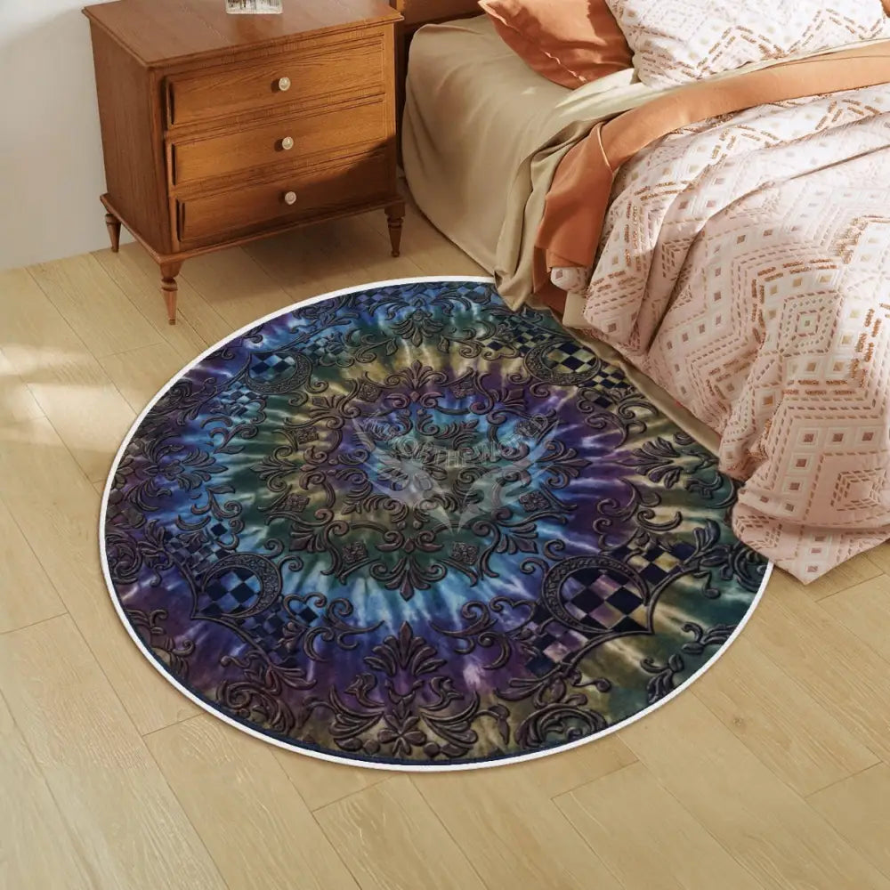 3D Circular Tie Dye Soft Round Area Rug with White Border Rugs & Mats