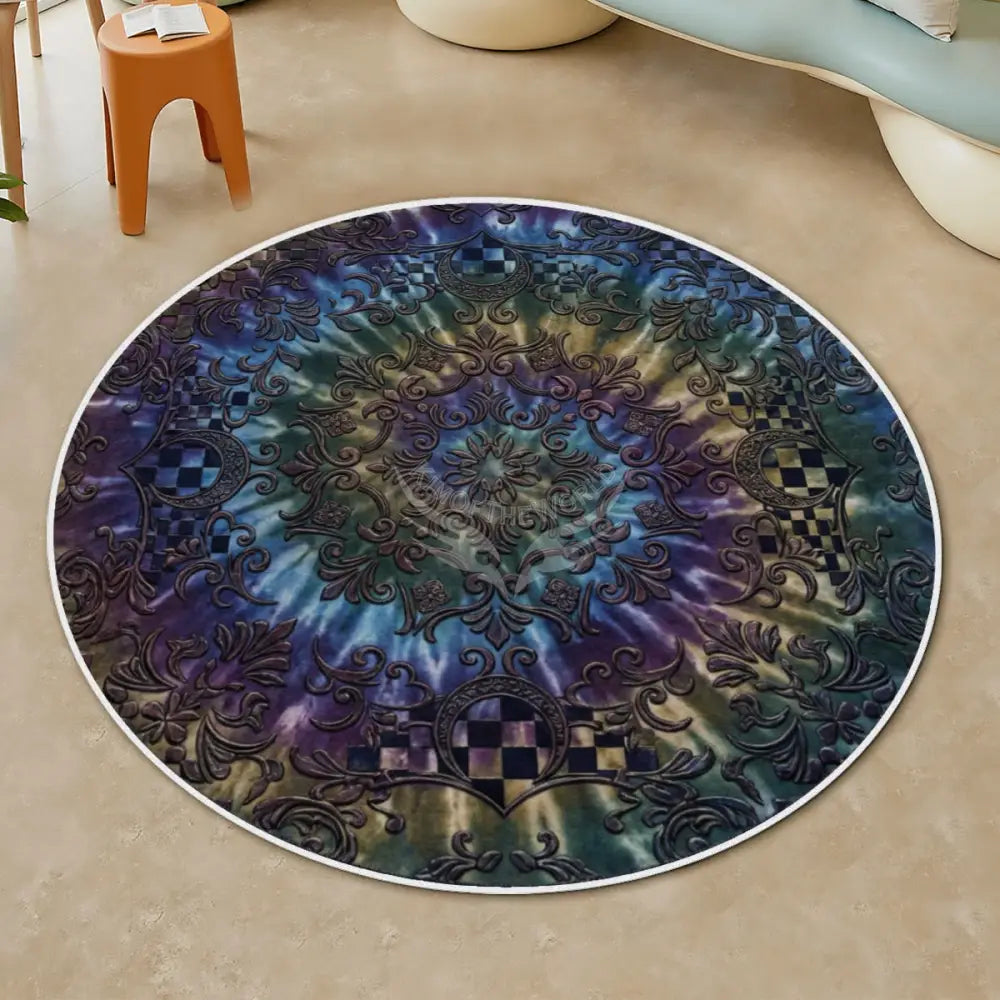 3D Circular Tie Dye Soft Round Area Rug with White Border Rugs & Mats