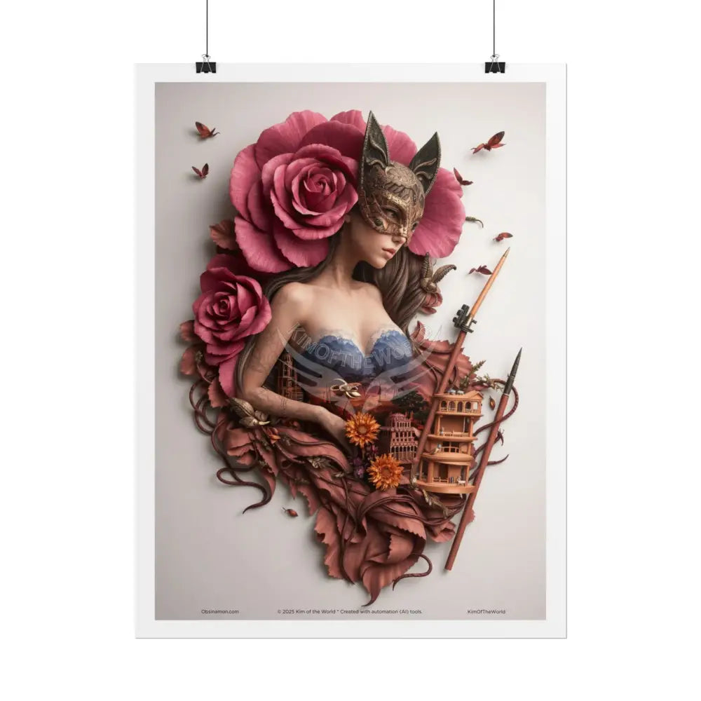 3D Cottage Eyemask Floral Rose Girl Art Print - Rolled Poster Poster