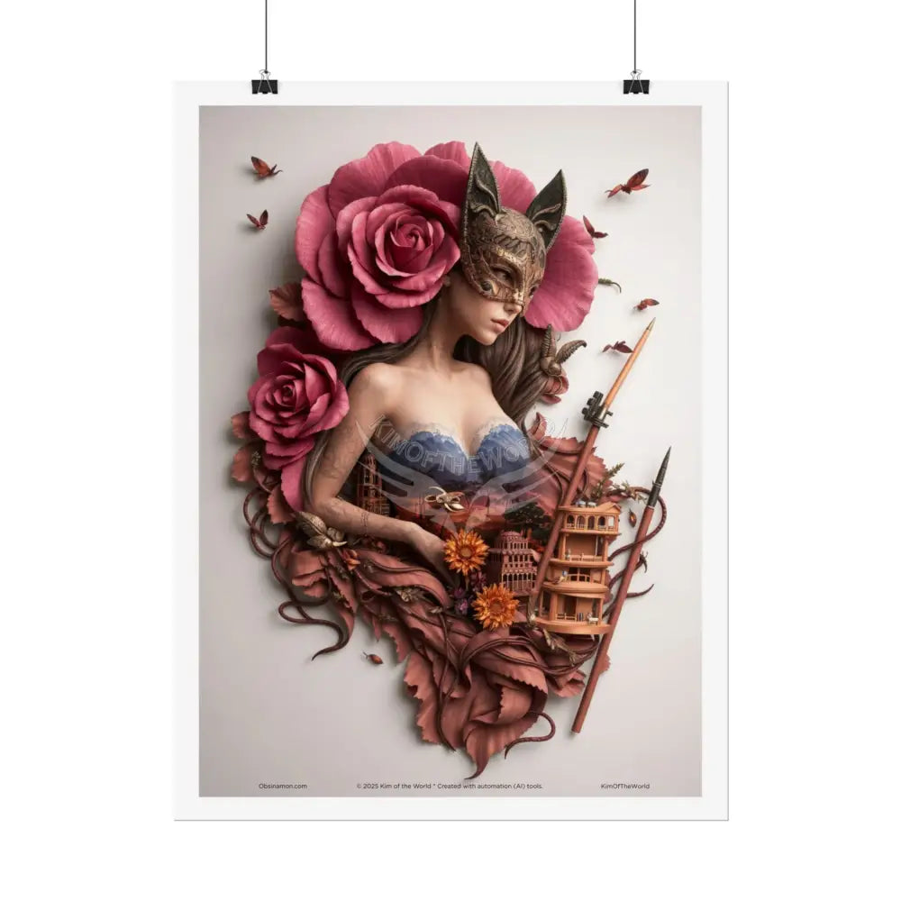 3D Cottage Eyemask Floral Rose Girl Art Print - Rolled Poster Poster