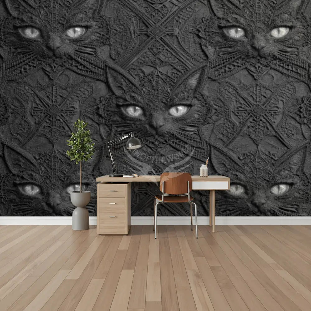 3D Creepy Cute Black Cat Face Unpasted Mural Wallpaper 144’’x100’’ - 144’’x100’’ - Wall Coverings