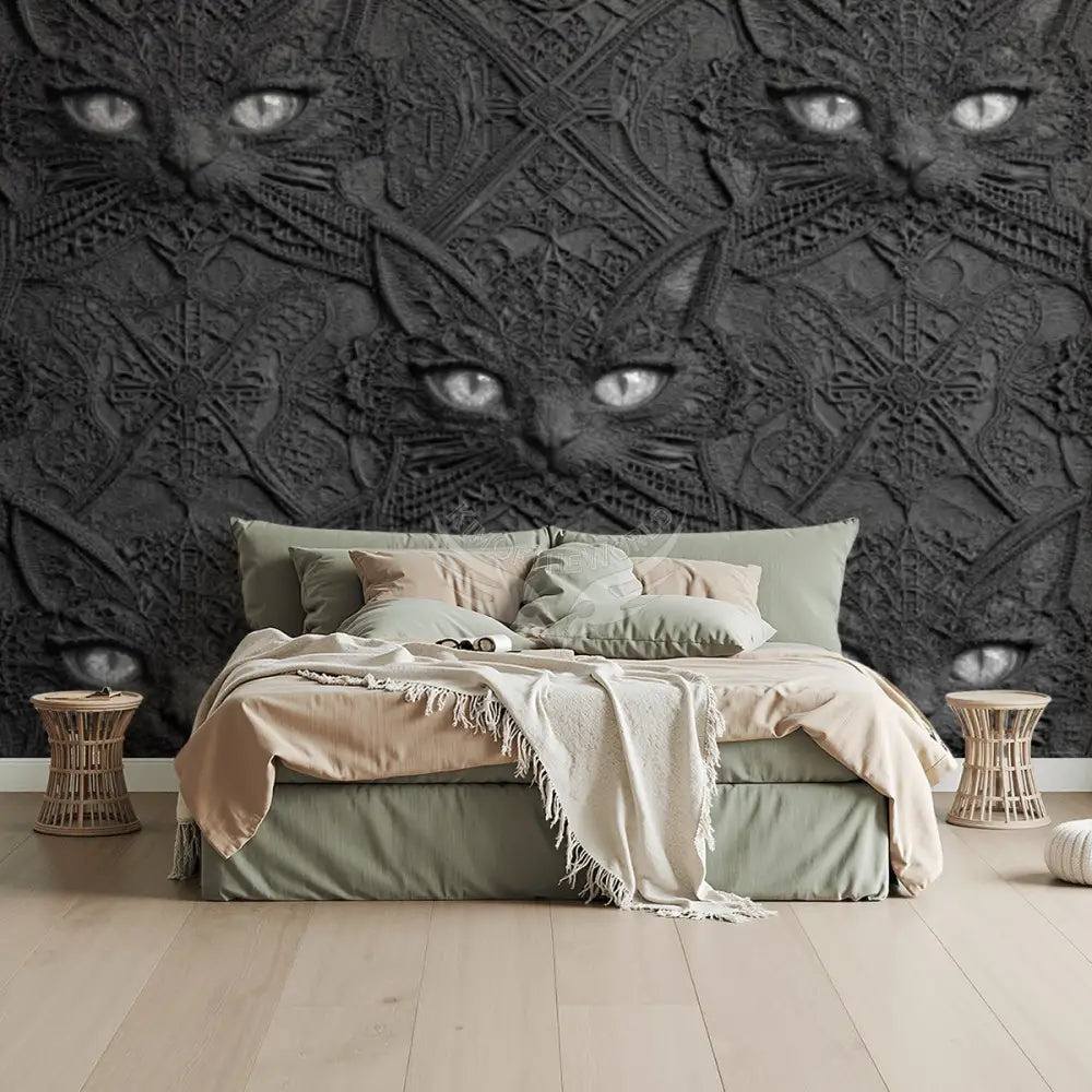 3D Creepy Cute Black Cat Face Unpasted Mural Wallpaper 144’’x100’’ - 144’’x100’’ - Wall Coverings