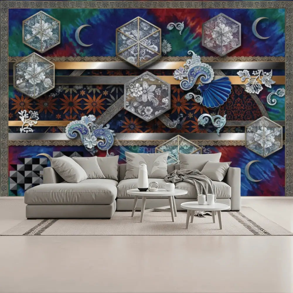 3D Crystal Windows on Tie Dye Unpasted Mural Wallpaper 144’’x100’’ 144’’x100’’ Wall Coverings